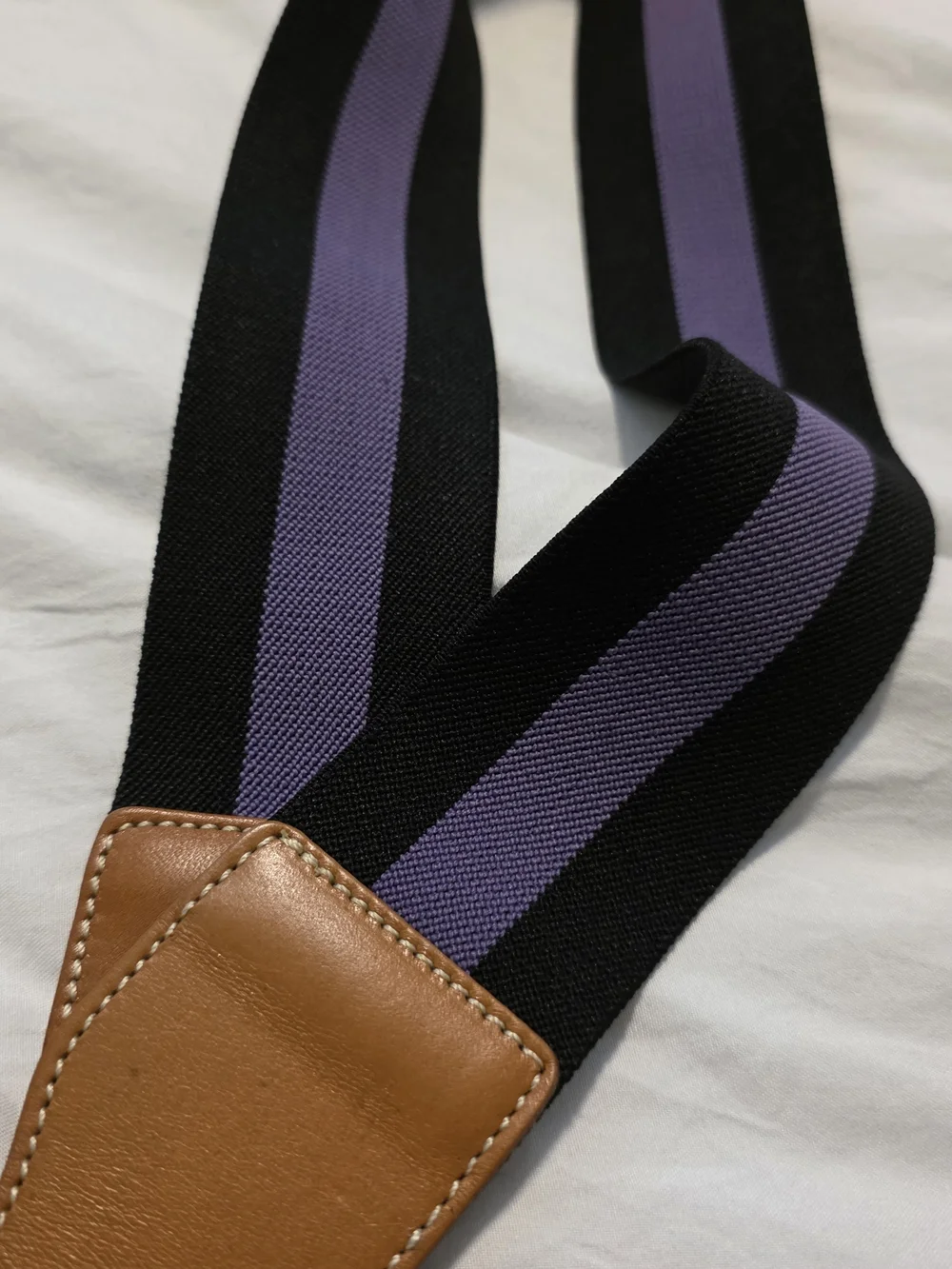 EC J. McLaughlin Black & Purple Striped Stretch Belt Brown Leather Trim Sz L/XL